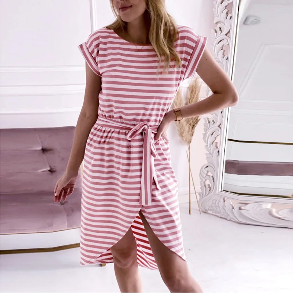 Dresses Women Stripe Short Sleeve O Neck Drawstring Waist Split Summer Dress 2020 Evening Party Beach Boho Vestidos #615 | Женская