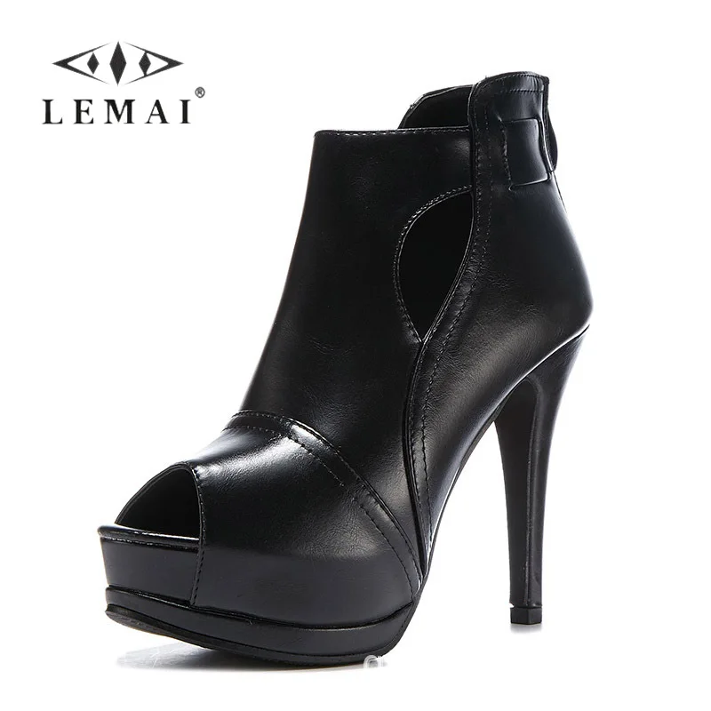 

LEMAI Fashion Hollow Peep Toe Boots Black Party Club Sexy Stiletto High Heels Sandals Shoes Zipper Summer Autumn Boots for Women