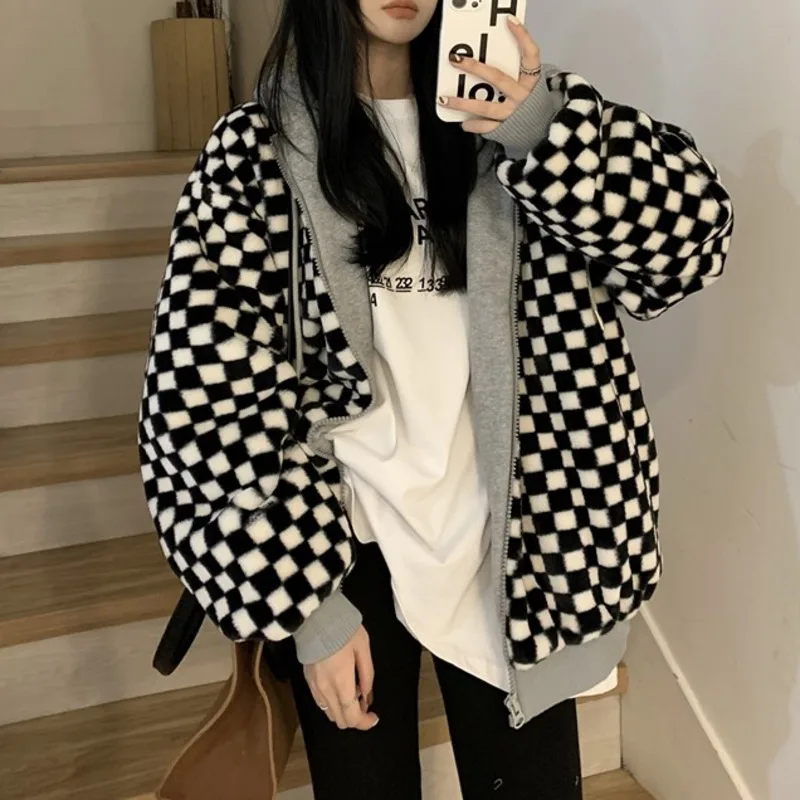 

Checkerboard Stitched Lamb Plush Hooded Coat Autumn Winter Warm Plush Casual Loose Sweater Women