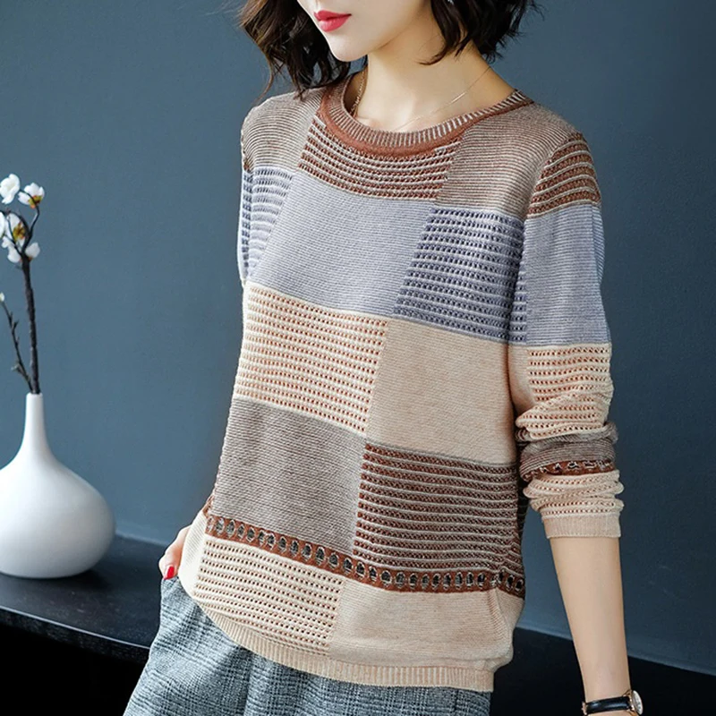 

Women's Sweater Spring Autumn Thin Section Hollow Pullover Sweater Casual Fashion Bottoming Shirt Hong Kong Style Shirt Full B30