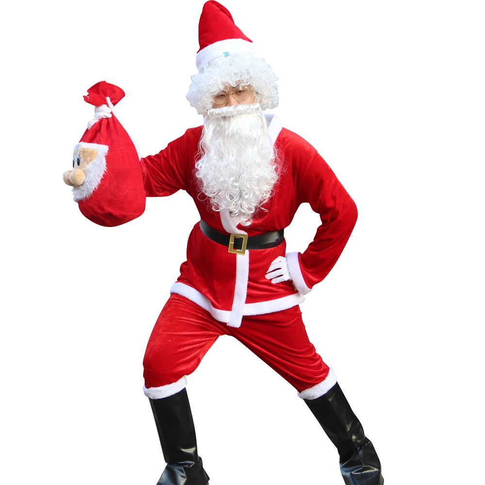 Santa Claus Costume Suit Plush Father Fancy Clothes Xmas Adult Cosplay Props Men Coat Pants Beard Belt Hat Christmas Set | Тематическая