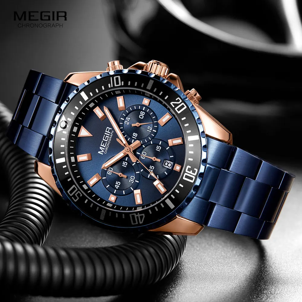 

MEGIR Stainless Steel Strap Quartz Watch for Men Chronograph Blue Watches man Luminous Hand Wristwatch ас мђжские montre homme
