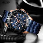 Часы MEGIR мужские кварцевые с хронографом, светящиеся синие наручные, с ремешком из нержавеющей стали