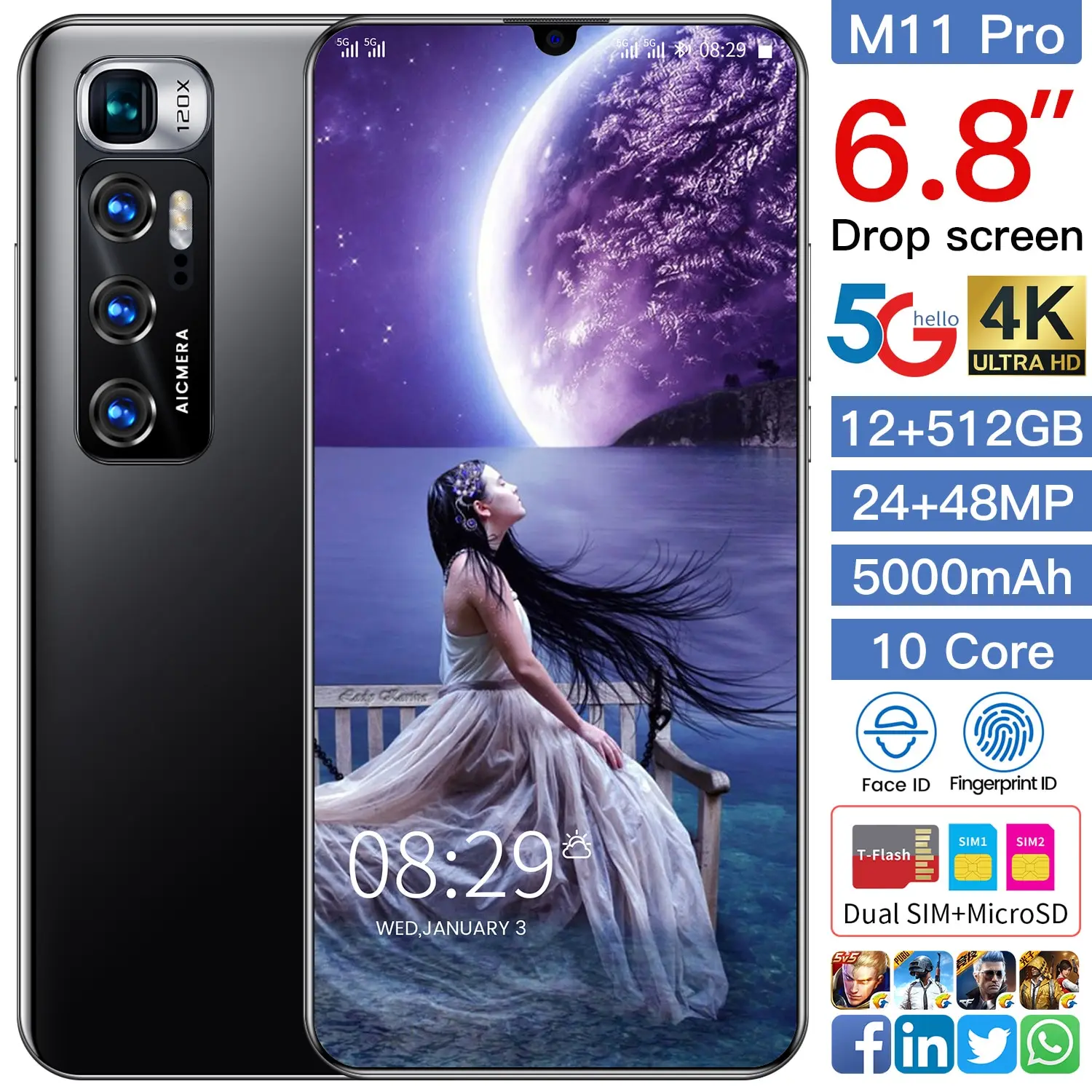 Tel&eacute;fono M&oacute;vil M11 Pro versi&oacute;n Global, Smartphone de 6,8 pulgadas, 12 + 512GB, 24 + 48MP, 5000mAh, doble tarjeta y doble modo de reposo-0