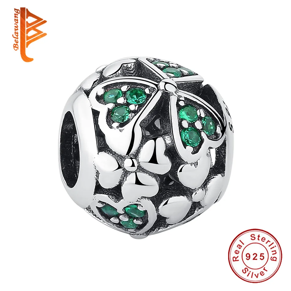 

Green Rhinestone Crystal Clover Bead 925 Sterling Silver Charms Fit Original Authentic Bracelets Women DIY Jewelry