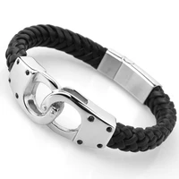 black genuine leather vintage braided charm cuff bracelets trendy handcuffs stainless steel men bracelets bangles sporty jewelry