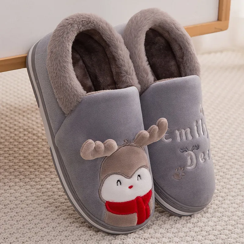 gray-1 Women Home Flat Slippers Indoor Shoes Female Slip On Cute Cartoon Deer Furry Warm Ladies Christmas Woman Shoes Soft Footwear - Цвет: gray-1