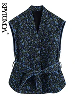kpytomoa women 2021 fashion with belt floral print thin padded waistcoat vintage v neck sleeveless female outerwear chic veste