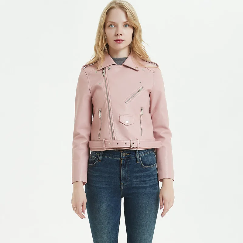 Женская мотоциклетная куртка из искусственной кожи черная короткая с поясом для