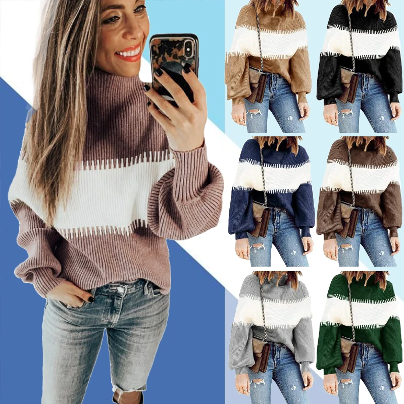 Цветной вязаный свитер с высоким воротником для женщин Сезон осень-зима