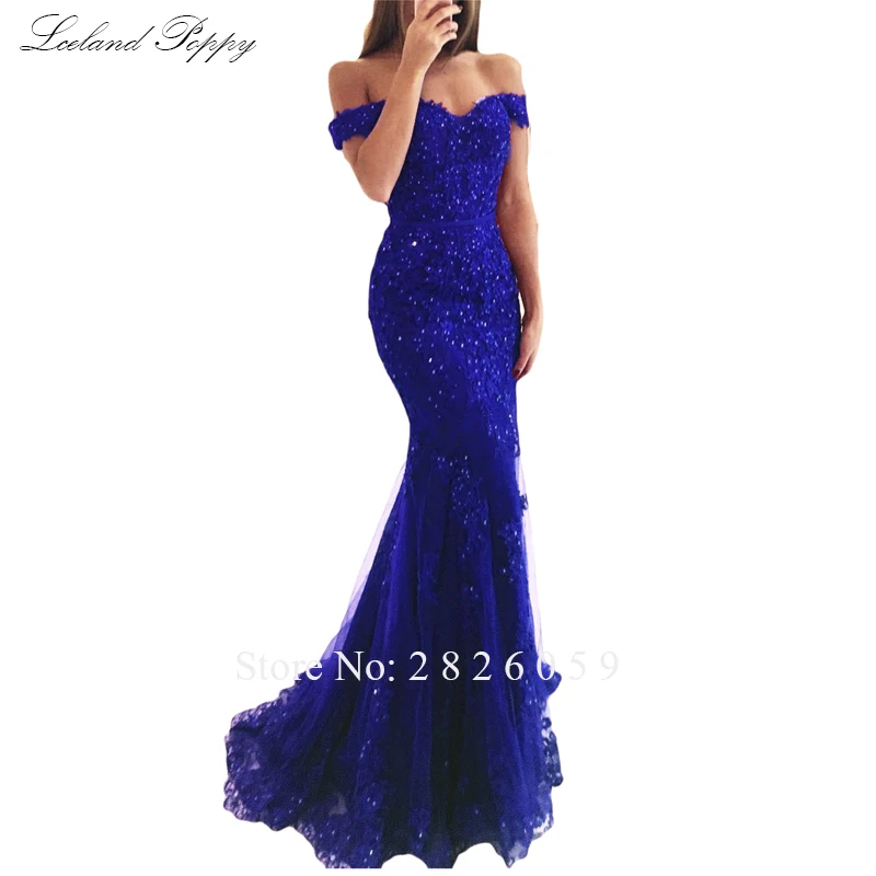 Royal Blue Для женщин с открытыми плечами Русалка Вечерние платья без рукавов пол Длина бисером кружевные аппликации Формальные Вечерние платья развертки поезд - Цвет: Royal Blue