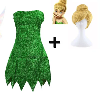DRESS AND WIG Новинка, костюм феи Пикси, зеленое платье Тинкербелл для взрослых, Сексуальные вечерние мини платья для косплея на Хэллоуин с париком - Color: DRESS AND WIG