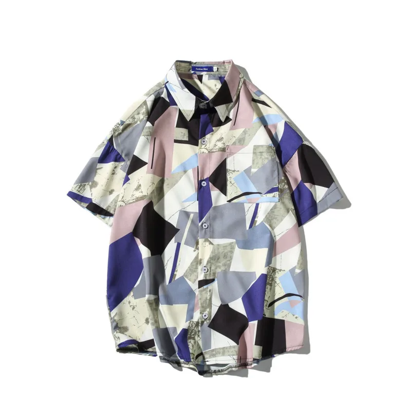 Summer Dress Shirt Men's Fashion Geometric Printed Casual Shirts Mens Streetwear Wild Loose Short Sleeve Shirt Men M-5XL