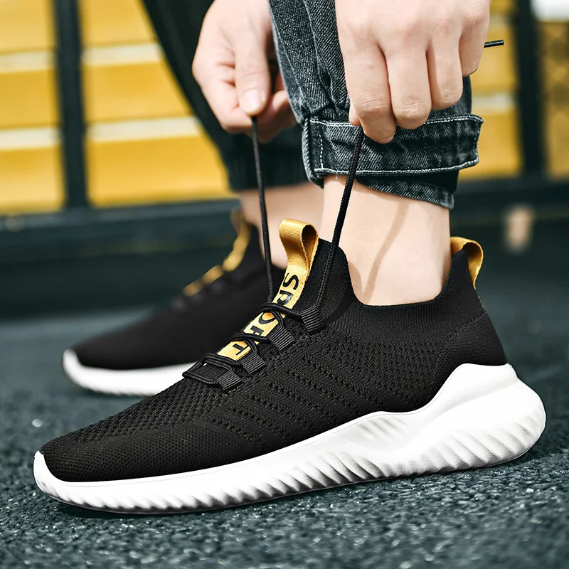 

New Men's Casual Sneakers Breathable Elastic Sports Shoes Lace-Up Lightweight Running Walking Male Footwear Fashion Men Shoes