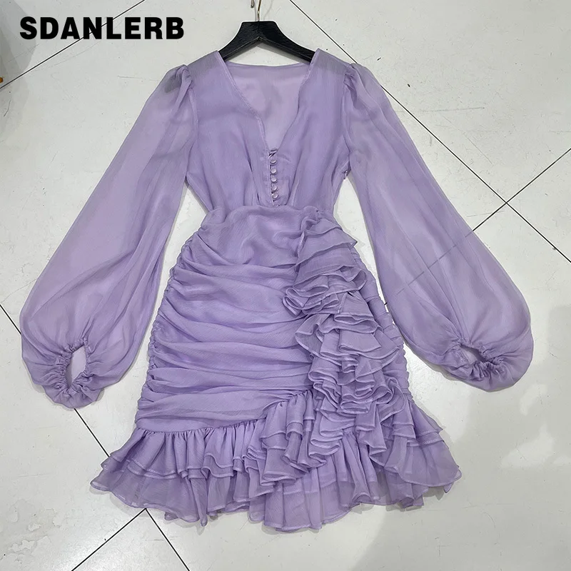 

Женское плиссированное платье во французском стиле, элегантное облегающее платье с длинными рукавами и V-образным вырезом, весна 2021