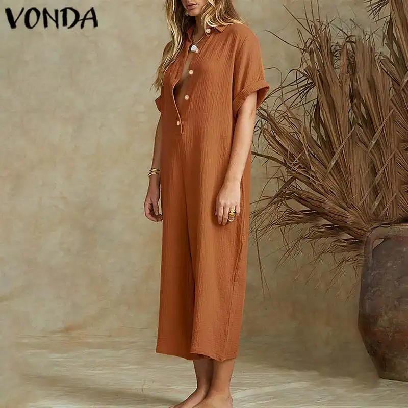 VONDA комбинезоны, женские костюмы Летние комбинезоны Винтаж короткий рукав плюс Размеры костюмы для подвижных игр свободного кроя однотонные брюки с широкими штанинами