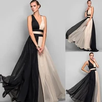 fashion contrast color sleeveless evening dress 2022 a line v neck chiffon floor length prom gown criss cross for formal simple