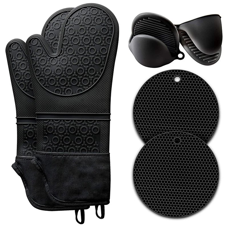 

Extra Long Silicone Oven Mitts And Pot Holders Set, Heat Resistant Oven Mitt With Hot Pads And Mini Oven Gloves