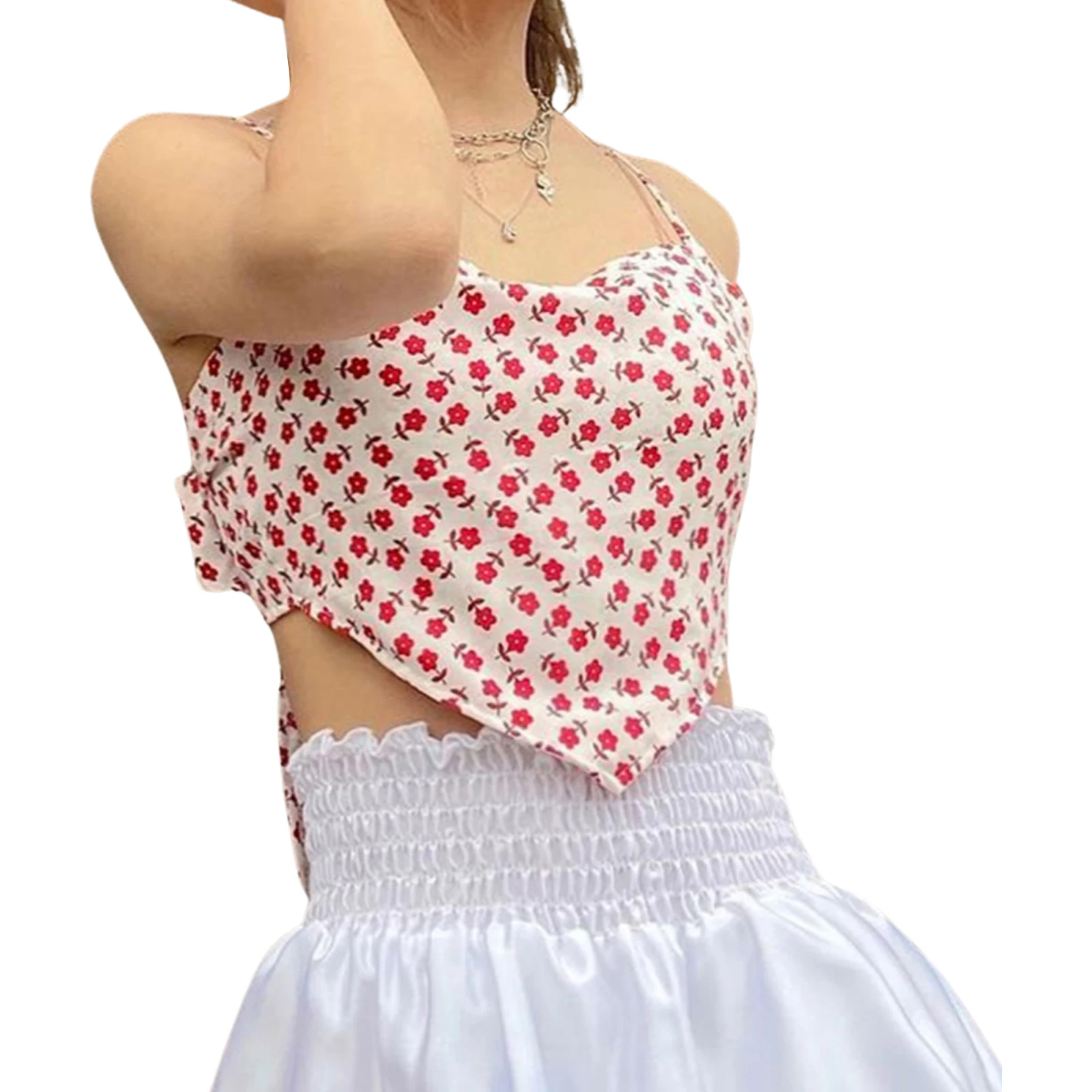 

2021 Summer Ladies's Irregular Hem Camisole, Girls Sweet Style Floral Printing Sleeveless Top Slim Midriff-baring Base Shirt