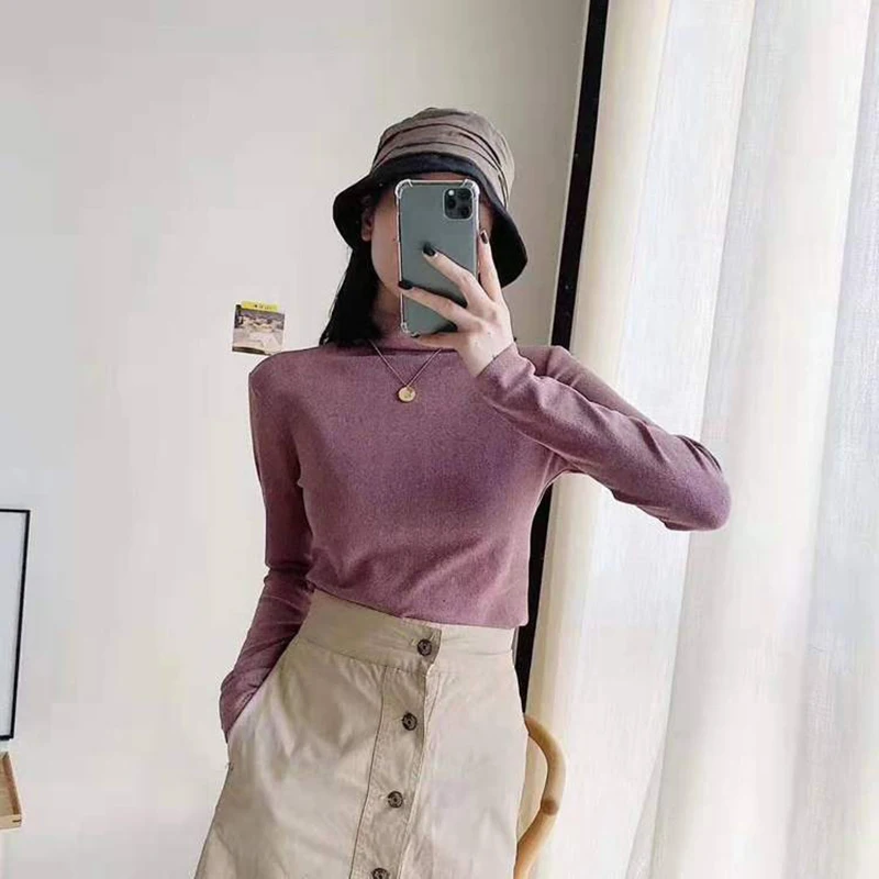 

Winter Warm T-Shirt Solid Long Sleeve Tops Pullover Fashion Slim Fit Women Turtleneck Solid Autumn Knit Polyester Tees 2020 New