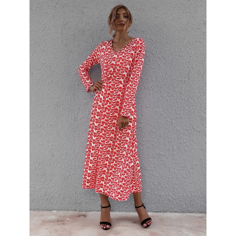 

Women Long Sleeves Sexy V Neck Dress Fashion Printed Autumn Summer Casual Slim Midi Dress Pullover Party Loose Sundress