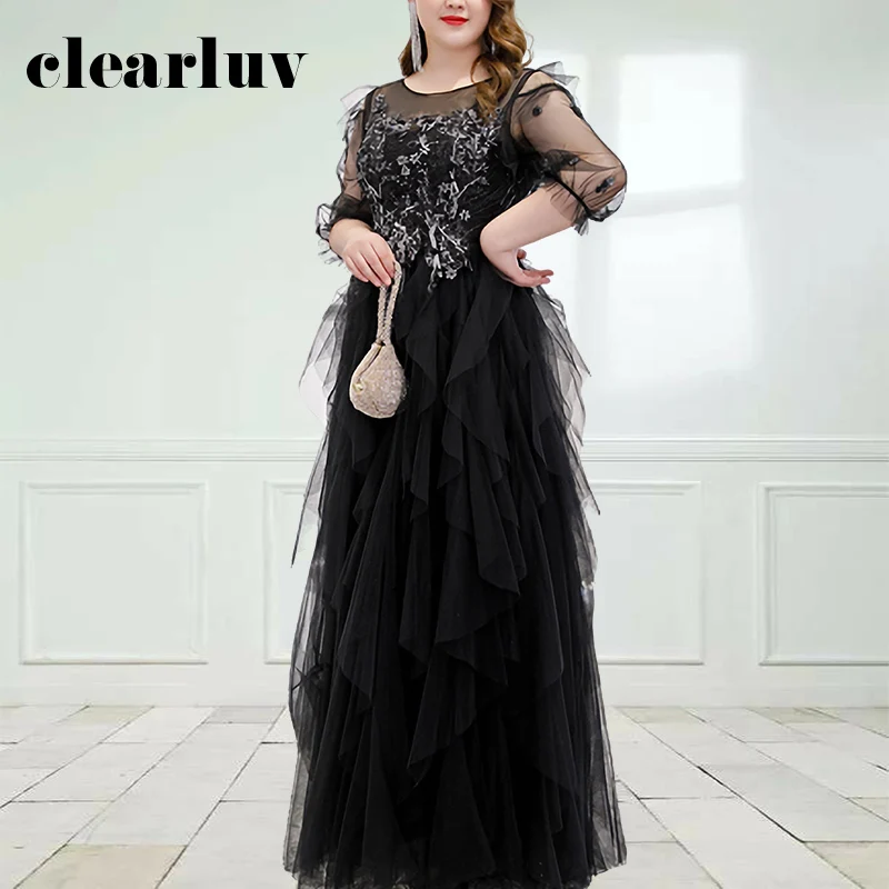 

Black Lace Robe De Soiree DR1088 O-Neck Three Quarter Sleeve Women Party Dresses 2020 Appliques A-Line Elegant Evening Dress
