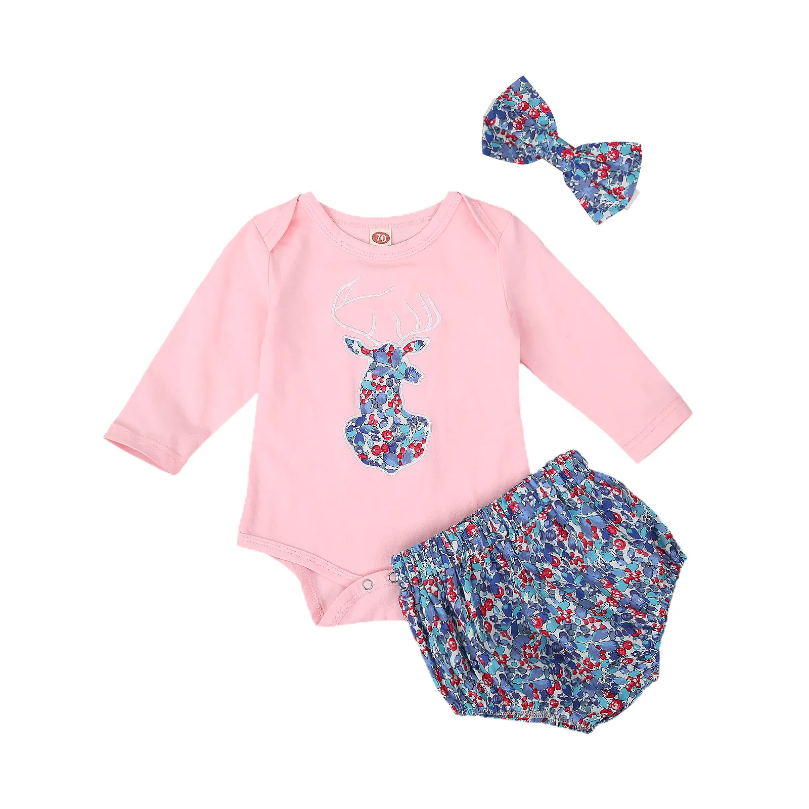 

0-24M Christmas Deer Newborn Infant Baby Girl Clothes Set Long Sleeve Romper Floral Shorts Outfits Xmas Clothing