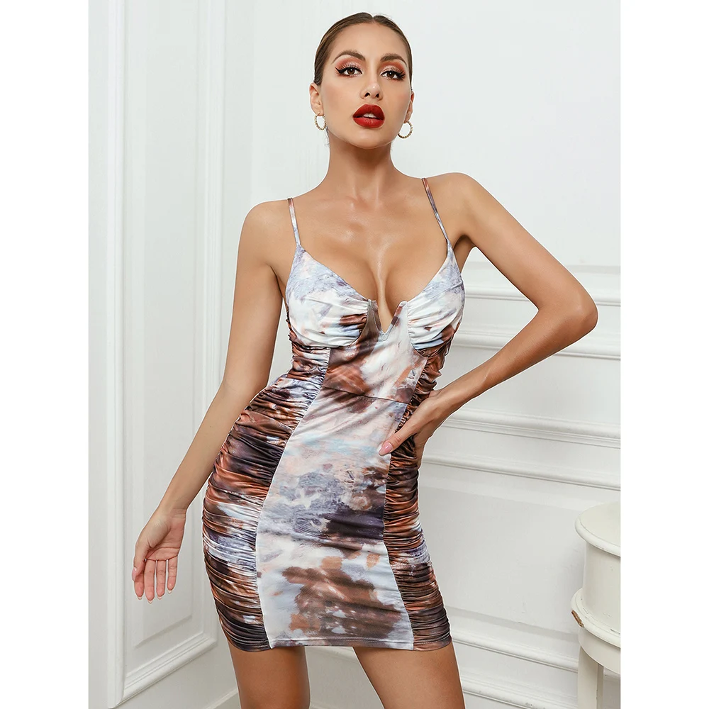 

Vintage Sexy V Neck Pleated Casual Bodycon Print Women Dress Sleeveless Streetwear Femme Vestidos Club Mini Party Robe CH0171