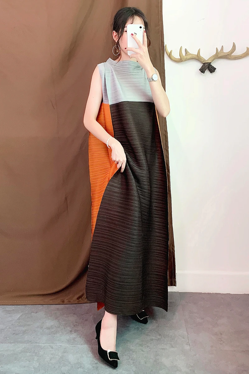Япония Стиль Miyake плиссированное платье Высокое качество без рукавов длинное