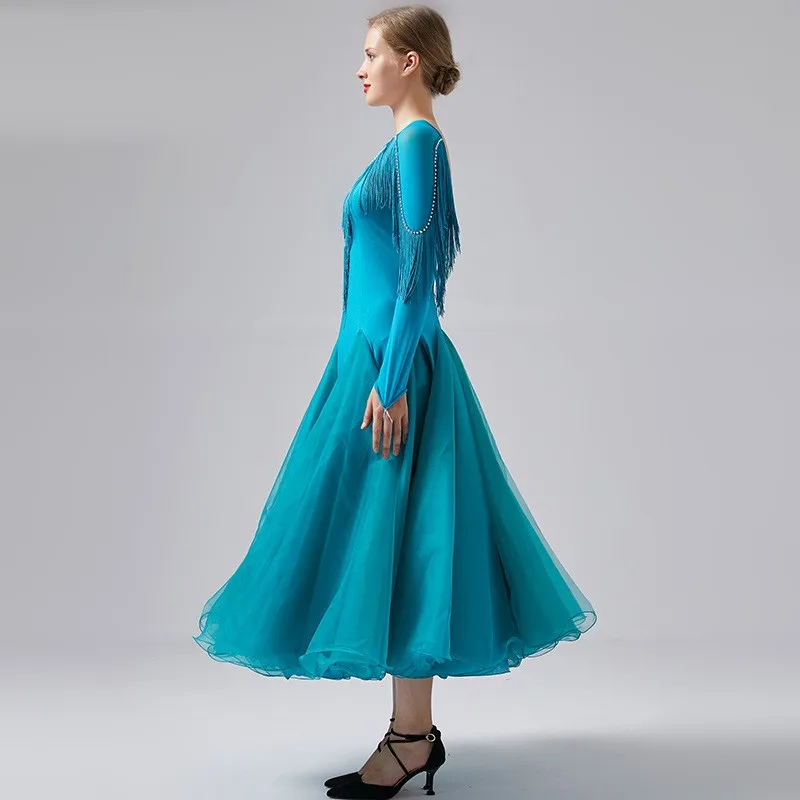 Синее вальсовое платье стандартного бального танца для танцев фокстрота, современный костюм для вечеринок женщин, с бахромой.