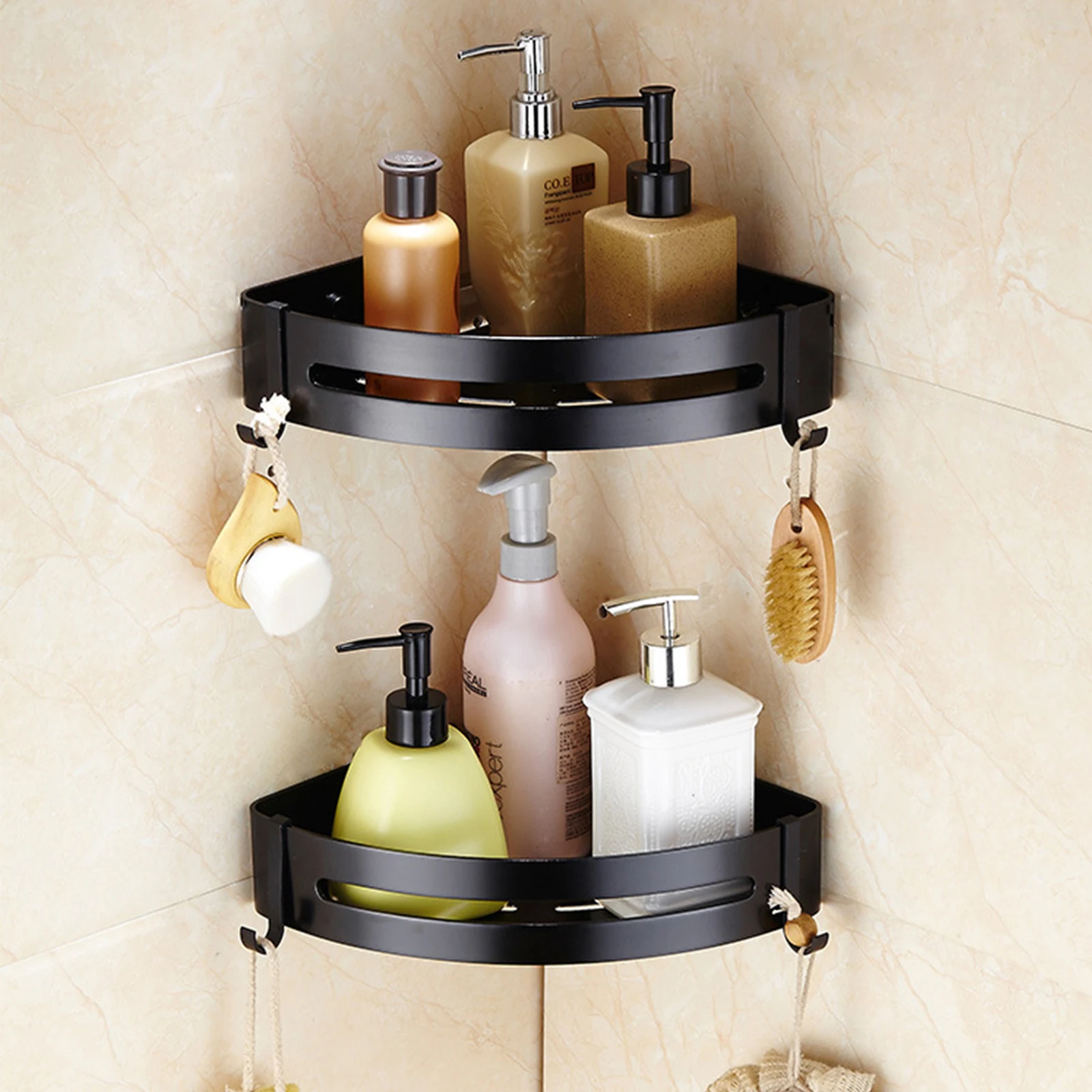 

Wall Mount Storage Rack Aluminum No-Punching Bath Corner Organizer Rack with Hooks