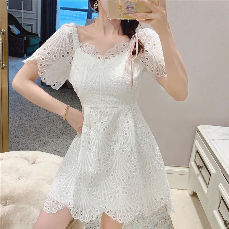 

Luxury Hollow Out Lace Summer Mini Dress For Women Short Sleeve White Party Dresses High Waist Backless Beach Princess Dress