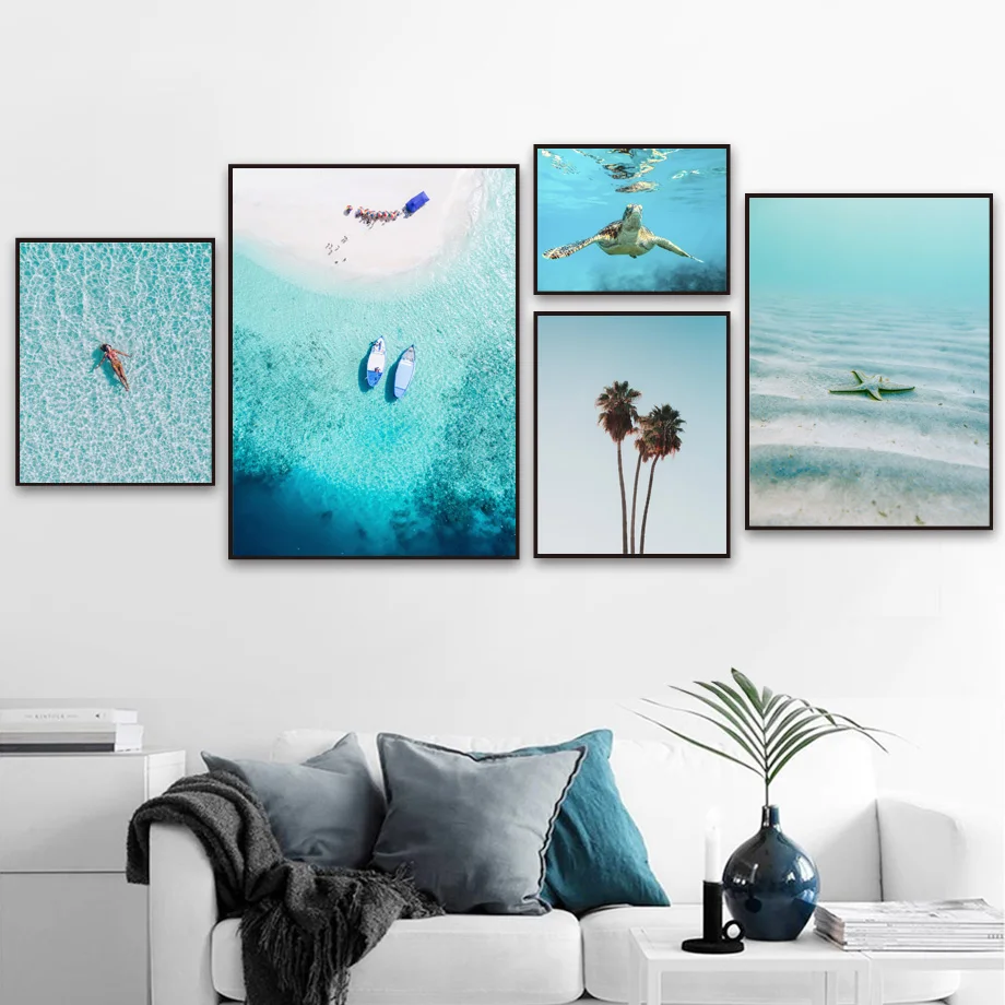 Пальмовое дерево черепаха девушка морской пляж корабль настенная Картина на