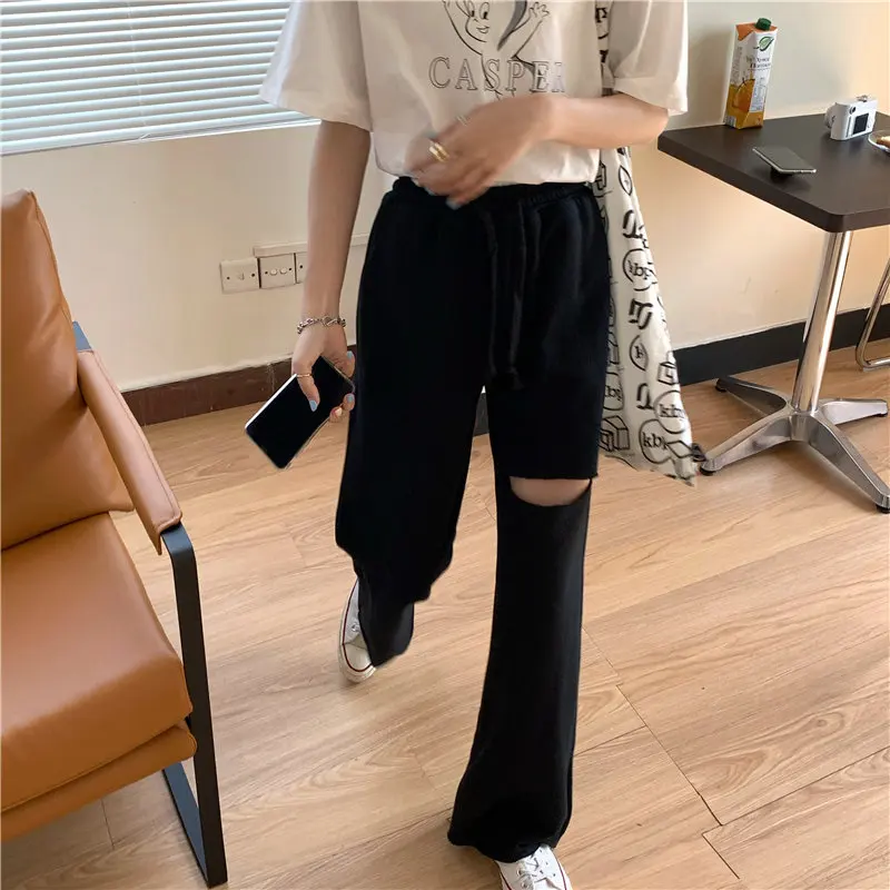 

2020 Elastic Waist High Waist Loose Casual Pants Students Hole Lace-Up New All Match Sports Pants Solid Brief Trousers