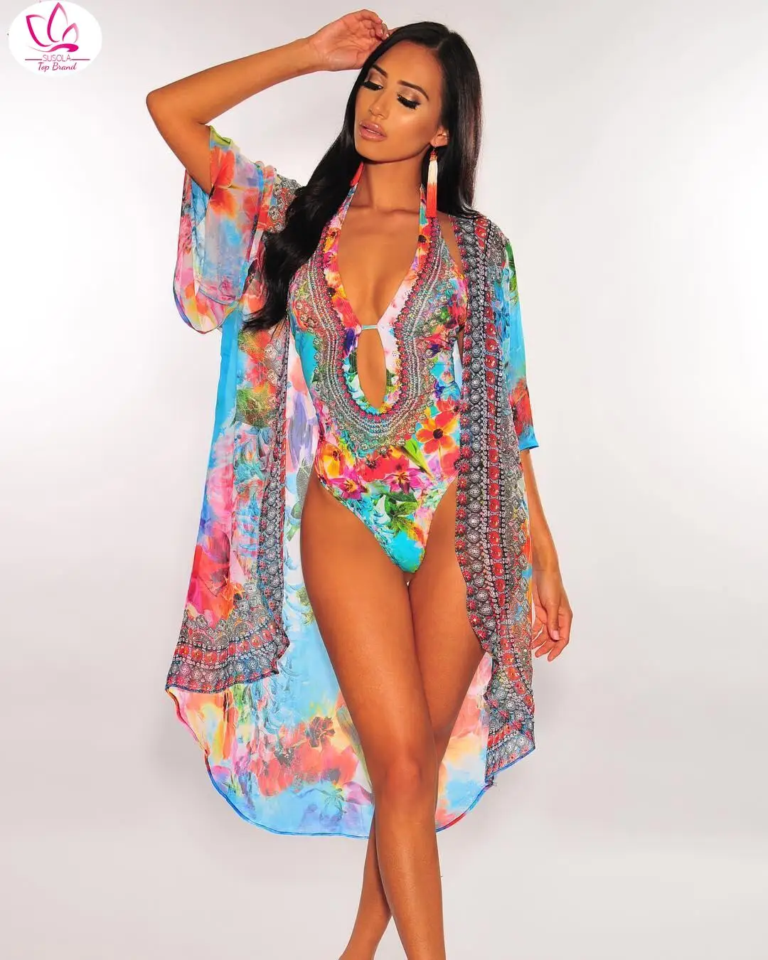 

2021 Women Summer Bikini Set Sexy Beach Bohe Print Long Sleeve Cloak +Swimsuit Two Pieces Sets Swimsuit Bikini Set 6 color