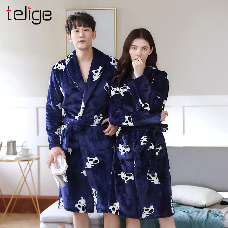 Коралловый халат из флиса кимоно для влюбленных мужчин женщин пар Толстая Теплая