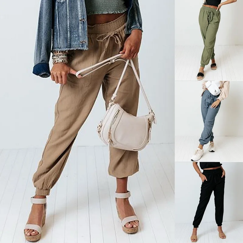 

Oeak Linen Pants Women Spring Summer Large Size Solid Color Harem Pants Elastic Waist Loose Casual Woman's Linen Trousers