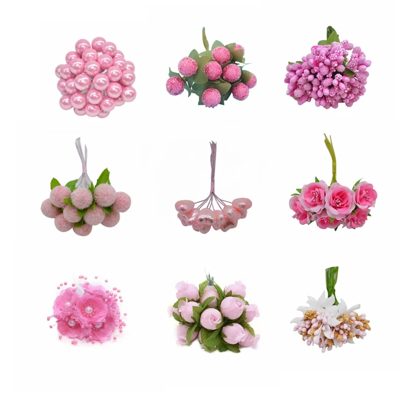

Mixed Pink Stamen Flowers Cherry Berries Bundle Artificial Flower DIY Craft Christmas Wedding Cake Gift Box Wreath Decor Supplie