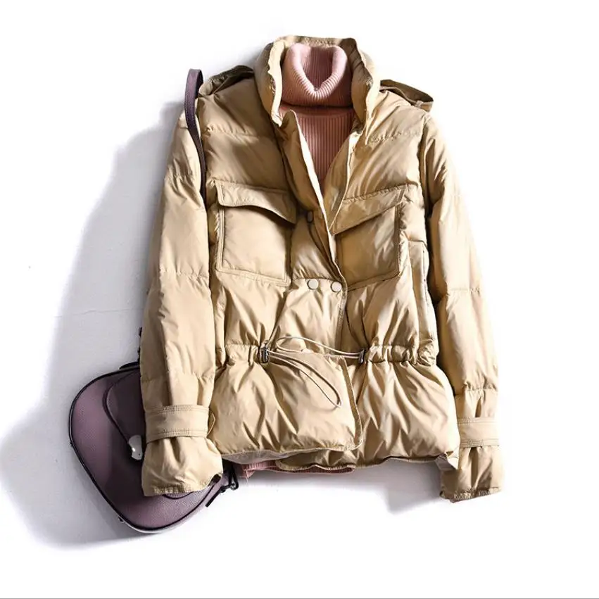 Зимнее двубортное пальто на утином пуху с воротником стойкой женские Рабочие