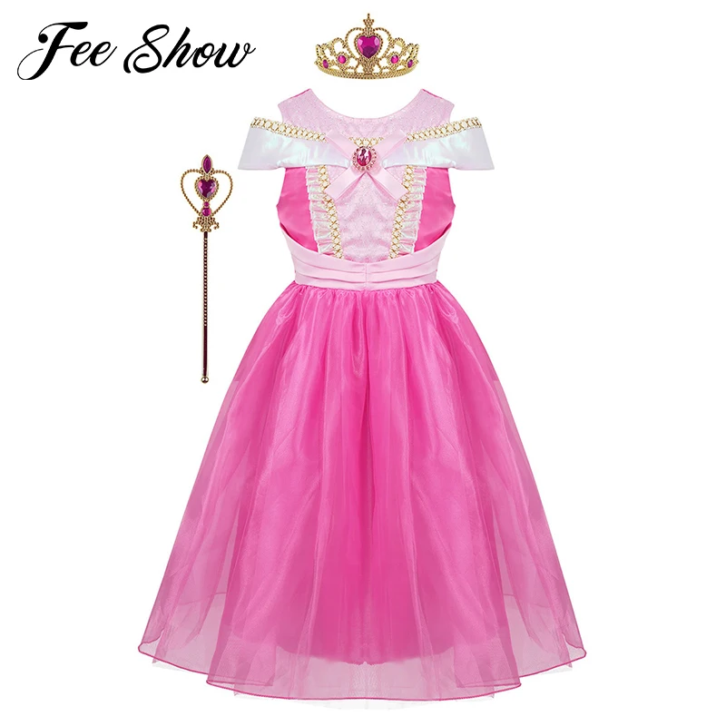 

Girls Princess Costume Dress Children Halloween Birthday Party Cosplay Dress with Tiara Wand Outfit Kids Carnival Fancy Dress