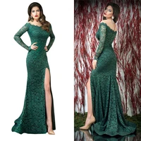 dark green lace formal dress illusion long sleeve robe de soiree evening prom gown sexy high leg slit 2018 mother bride dresses