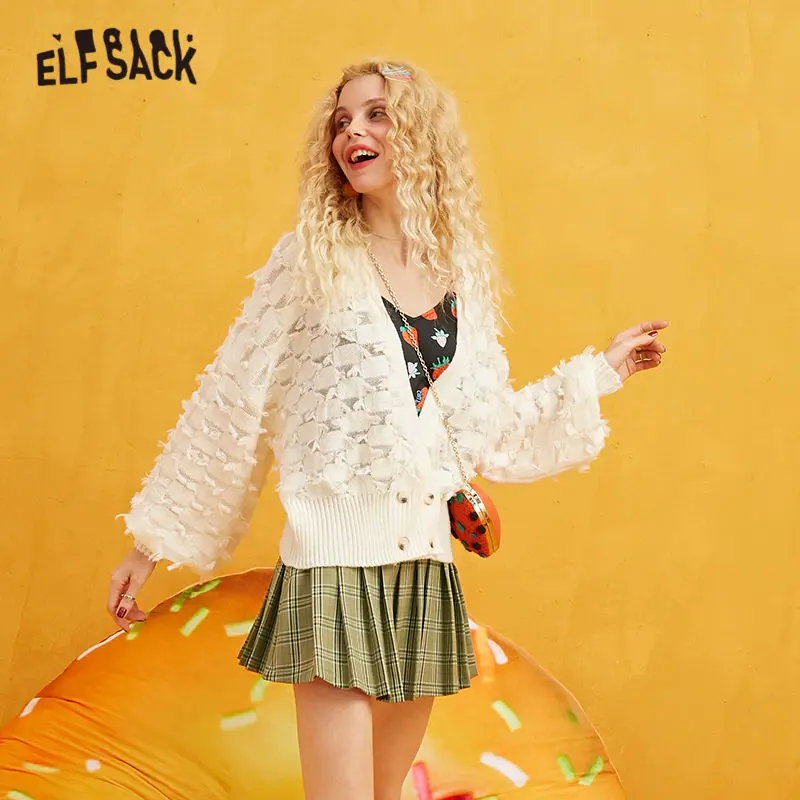 ELFSACK Повседневный Кардиган с вырезами и бахромой женский свитер 2019 стильные