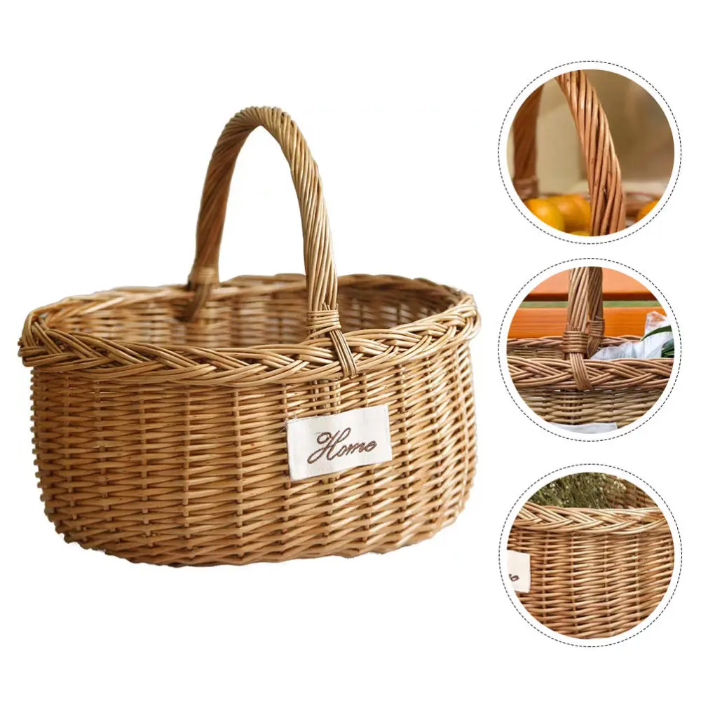 

1Pc Picnic Basket Creative Tote Basket Flower Container Willow Weaving Picnic Basket Portable Outdoor Fruit Storage Holder