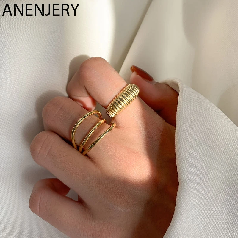 

Evimi 925 Sterling Silver Gold Color Geometric Finger Ring For Women Men Mutil-layer Lines Open Rings Party Jewelry S-R925