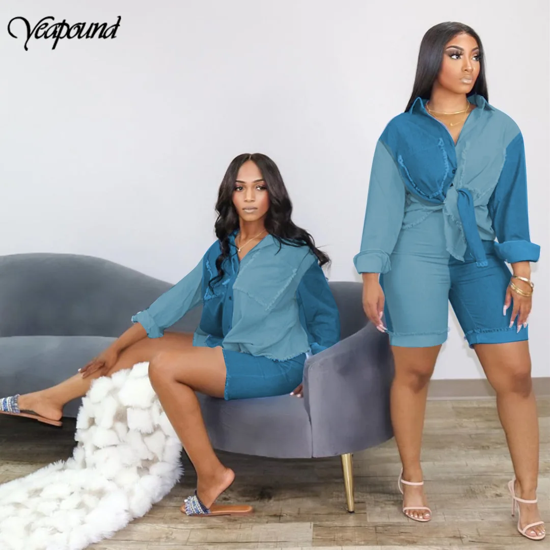 

Женский винтажный комплект из двух предметов, свободная однобортная блузка и прямые шорты, джинсовый костюм в уличном стиле