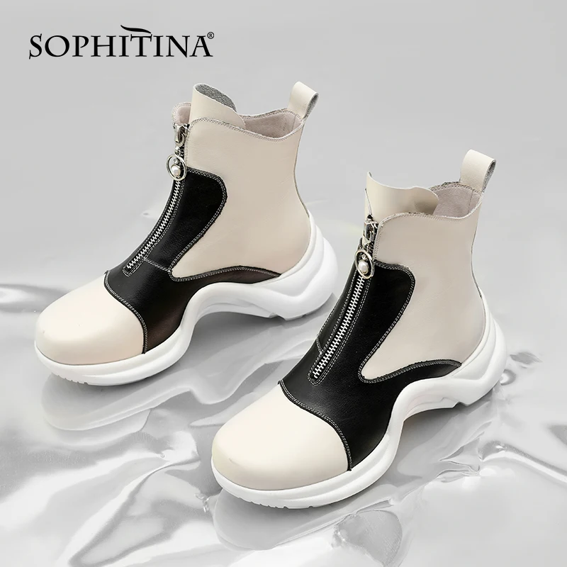 

SOPHITINA Fashion Ankle Platform Shoes Women Genuine Leather Patchwork Zipper Boots Round Toe High Heel Casual Women Boots MO773