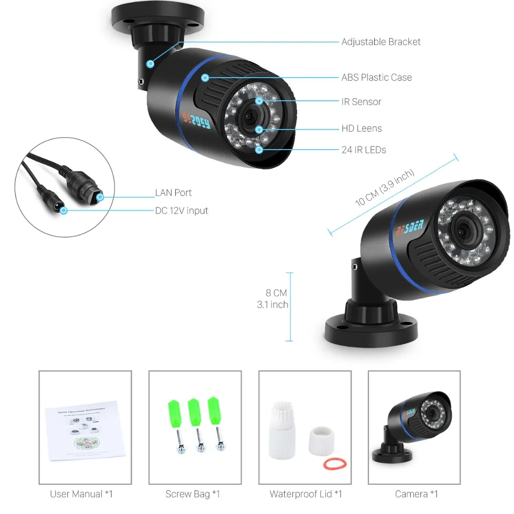 

BESDER 1080/720p Full HD IP Camera Bullet Outdoor Waterproof Security Camera ONVIF XMEye 20m Night Vision Motion Detect RTSP P2P