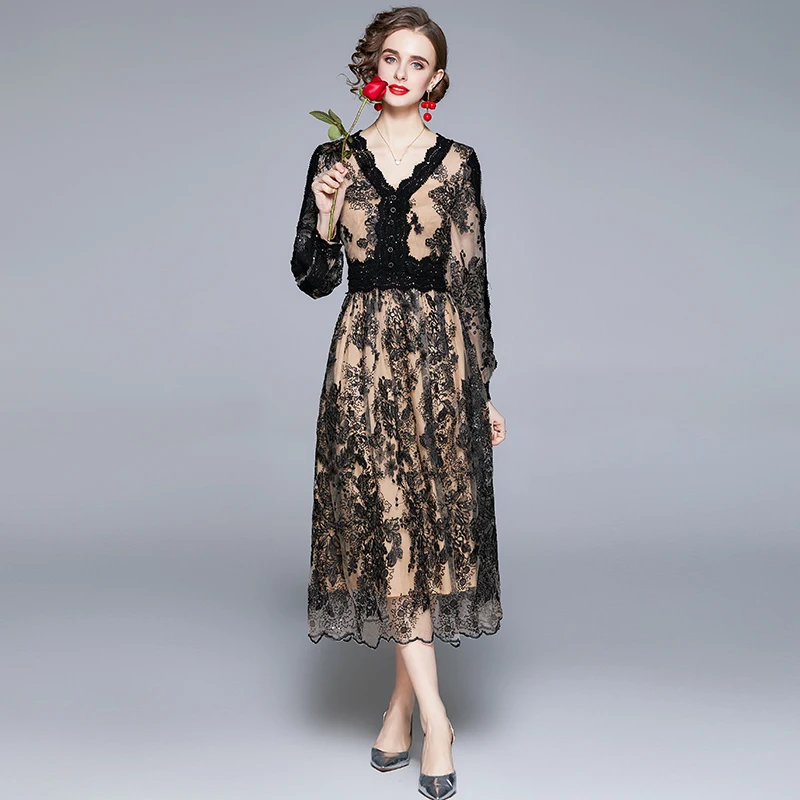 

Женская модная одежда, Кружевное облегающее Сетчатое длинное платье с вышивкой и V-образным вырезом и длинным рукавом