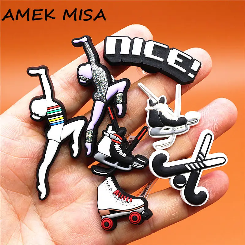 

Dropshipping 1pcs Nice Gymnastics PVC Shoe Charms Hockey Shoe Accessories Skates Decorations fit Croc Bracelet Kids Gifts U303