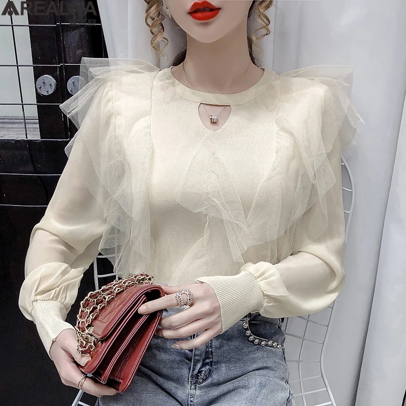 Женский свитер с рукавами-фонариками элегантный вязаный пуловер сетчатыми